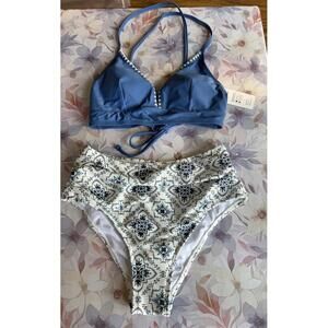 CUPSHE  Bikini Blue White Vintage Floral High Waisted V Neck Crisscross-‎ Size S